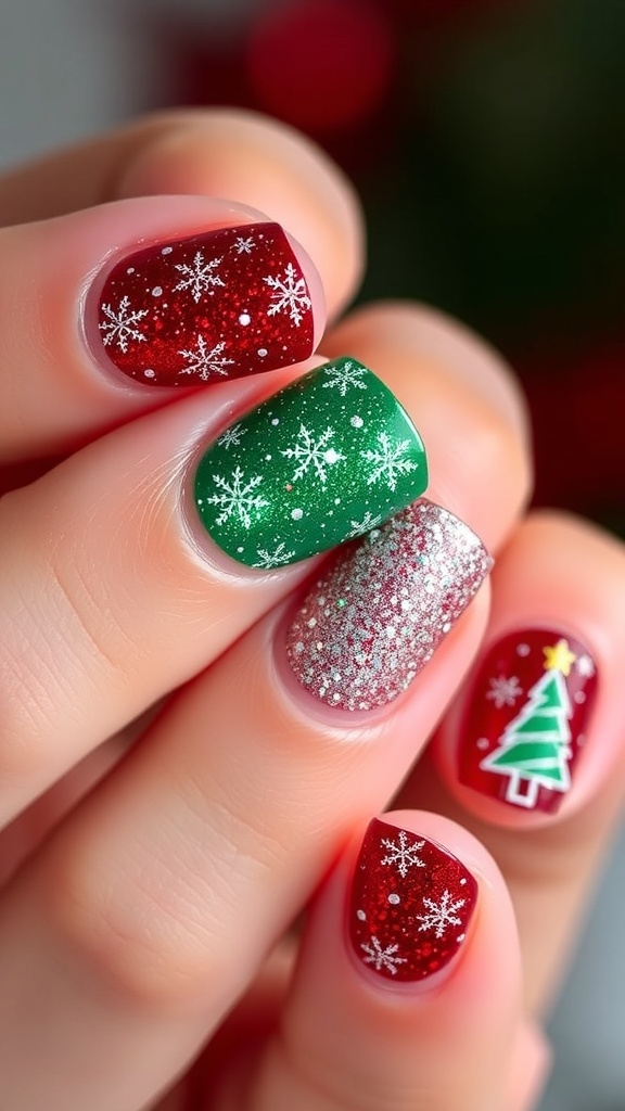 Close-up of short Christmas nails with sparkling designs in red and green, featuring glitter and holiday decals.